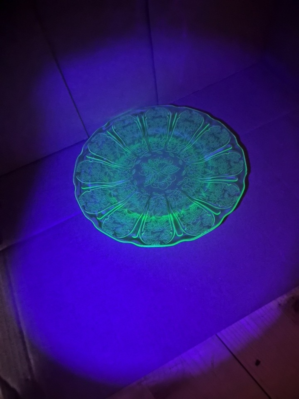 Vintage Uranium Glass Cherry Blossom 9” Serving Plate